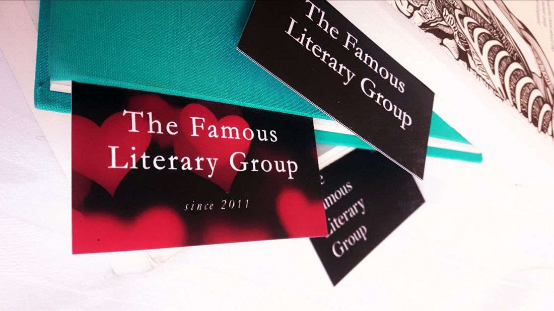 The business cards and bookmarks of The Famous Literary Group